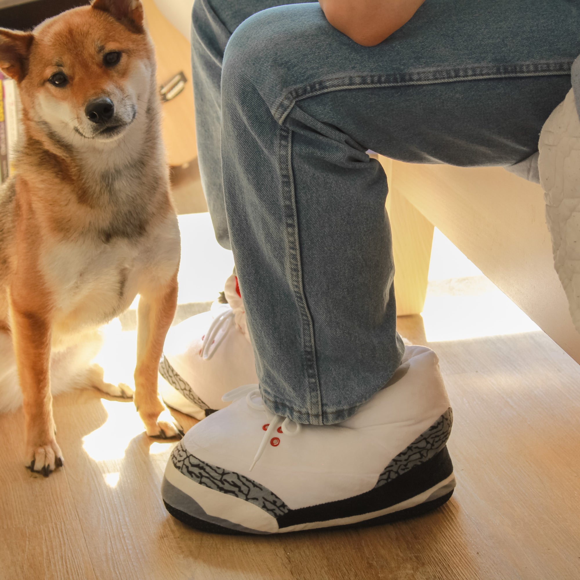 Model wearing Yours 2 Keep White Marble Sneaker Slippers with dog looking at camera